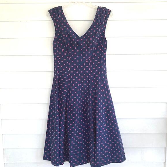 J. Peterman Navy Pink Polka-Dot Silk Cotton Fit & Flare Skirt Sleeveless Dress 4 - Picture 2 of 5